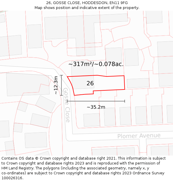 26, GOSSE CLOSE, HODDESDON, EN11 9FG: Plot and title map