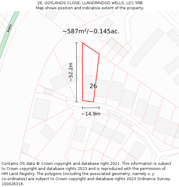26, GOYLANDS CLOSE, LLANDRINDOD WELLS, LD1 5RB: Plot and title map