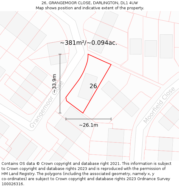 26, GRANGEMOOR CLOSE, DARLINGTON, DL1 4UW: Plot and title map