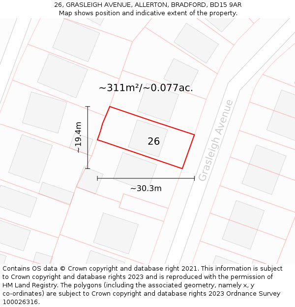 26, GRASLEIGH AVENUE, ALLERTON, BRADFORD, BD15 9AR: Plot and title map
