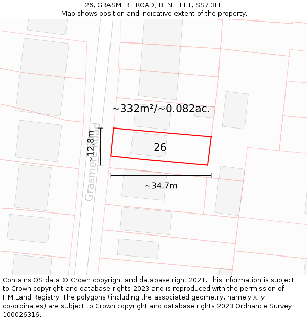 26, GRASMERE ROAD, BENFLEET, SS7 3HF: Plot and title map