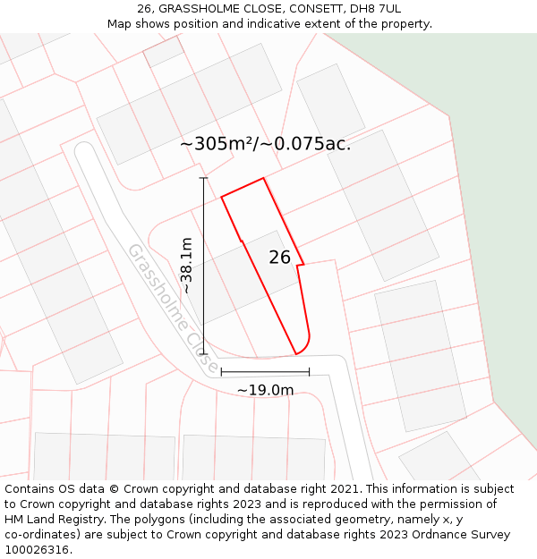 26, GRASSHOLME CLOSE, CONSETT, DH8 7UL: Plot and title map