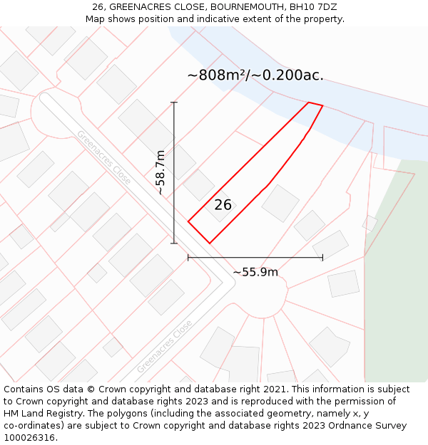 26, GREENACRES CLOSE, BOURNEMOUTH, BH10 7DZ: Plot and title map