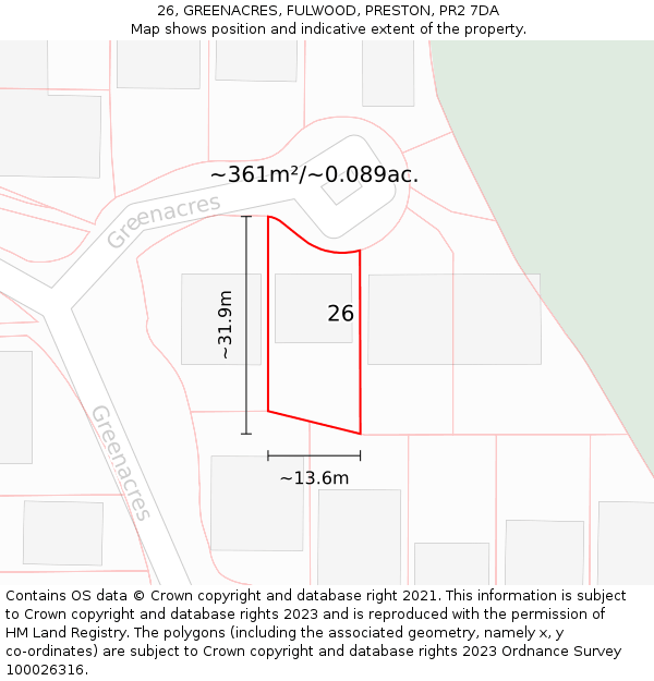 26, GREENACRES, FULWOOD, PRESTON, PR2 7DA: Plot and title map