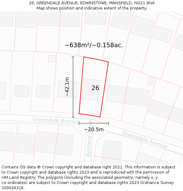 26, GREENDALE AVENUE, EDWINSTOWE, MANSFIELD, NG21 9NA: Plot and title map