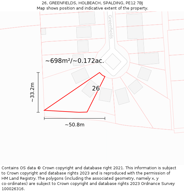 26, GREENFIELDS, HOLBEACH, SPALDING, PE12 7BJ: Plot and title map