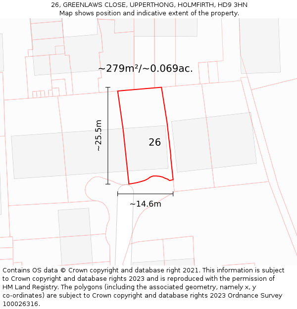 26, GREENLAWS CLOSE, UPPERTHONG, HOLMFIRTH, HD9 3HN: Plot and title map