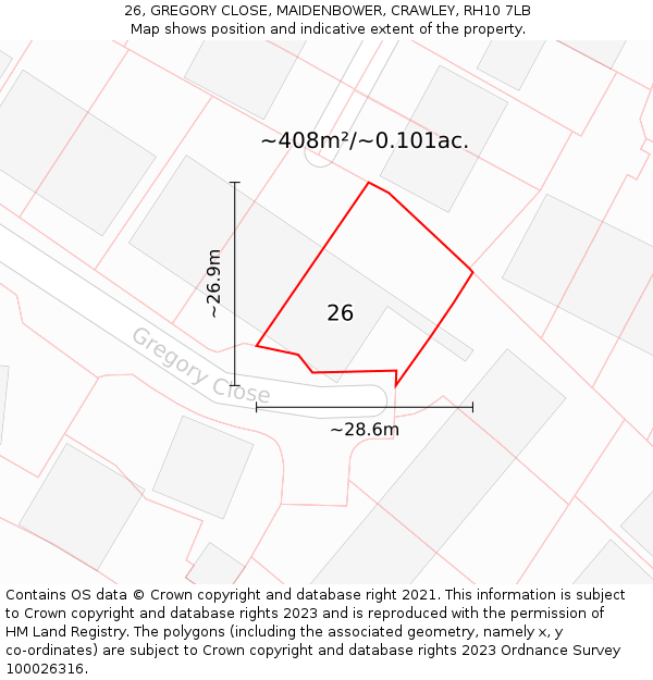 26, GREGORY CLOSE, MAIDENBOWER, CRAWLEY, RH10 7LB: Plot and title map
