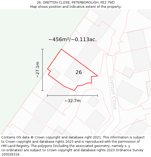 26, GRETTON CLOSE, PETERBOROUGH, PE2 7WD: Plot and title map