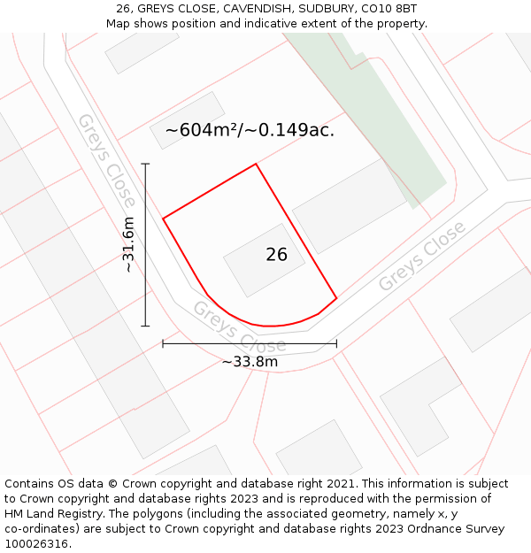 26, GREYS CLOSE, CAVENDISH, SUDBURY, CO10 8BT: Plot and title map