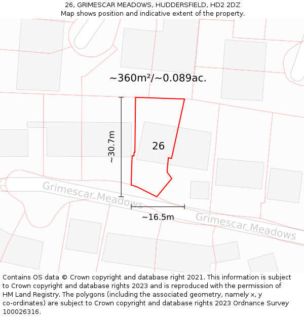 26, GRIMESCAR MEADOWS, HUDDERSFIELD, HD2 2DZ: Plot and title map