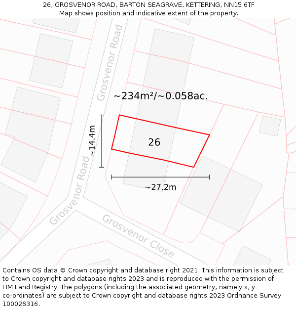 26, GROSVENOR ROAD, BARTON SEAGRAVE, KETTERING, NN15 6TF: Plot and title map