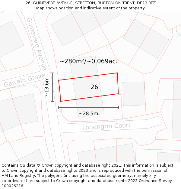 26, GUINEVERE AVENUE, STRETTON, BURTON-ON-TRENT, DE13 0FZ: Plot and title map
