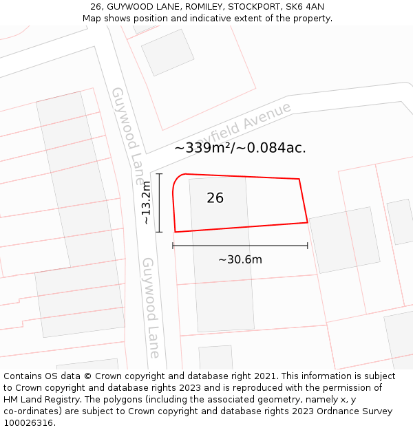 26, GUYWOOD LANE, ROMILEY, STOCKPORT, SK6 4AN: Plot and title map