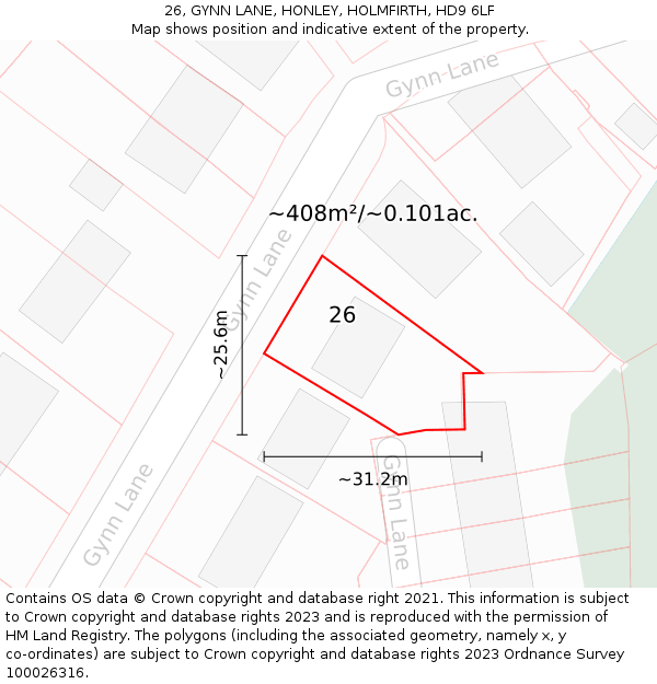 26, GYNN LANE, HONLEY, HOLMFIRTH, HD9 6LF: Plot and title map