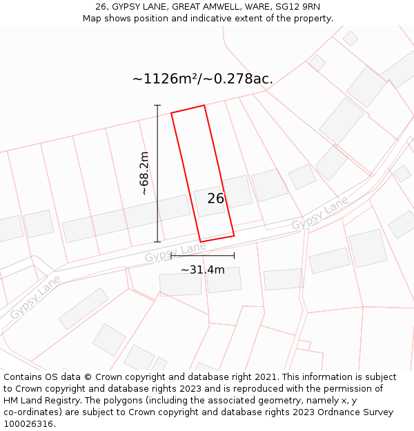 26, GYPSY LANE, GREAT AMWELL, WARE, SG12 9RN: Plot and title map