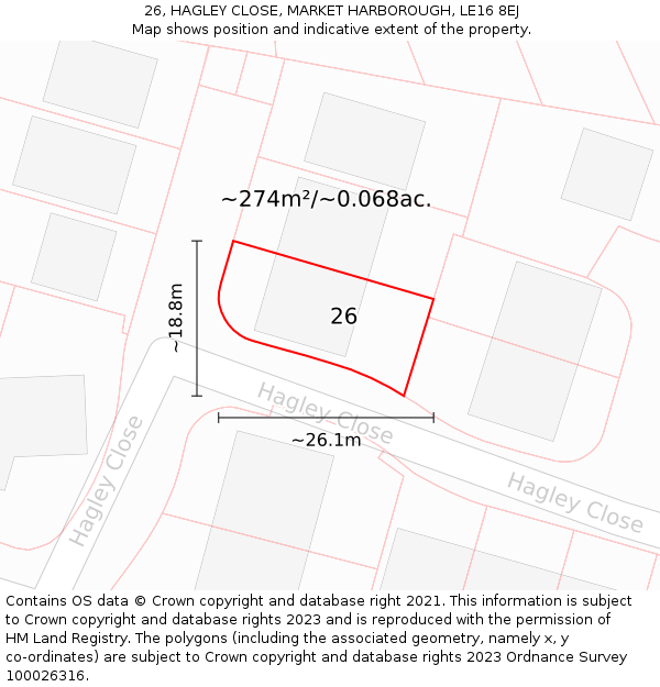 26, HAGLEY CLOSE, MARKET HARBOROUGH, LE16 8EJ: Plot and title map