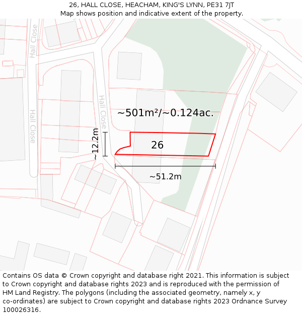 26, HALL CLOSE, HEACHAM, KING'S LYNN, PE31 7JT: Plot and title map