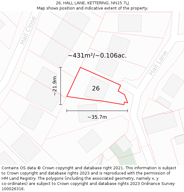 26, HALL LANE, KETTERING, NN15 7LJ: Plot and title map