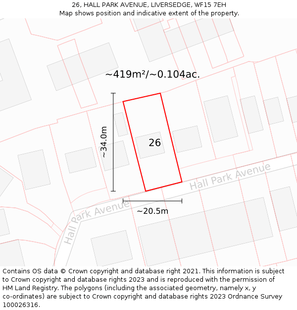 26, HALL PARK AVENUE, LIVERSEDGE, WF15 7EH: Plot and title map