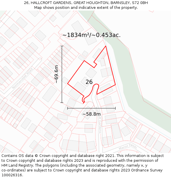 26, HALLCROFT GARDENS, GREAT HOUGHTON, BARNSLEY, S72 0BH: Plot and title map