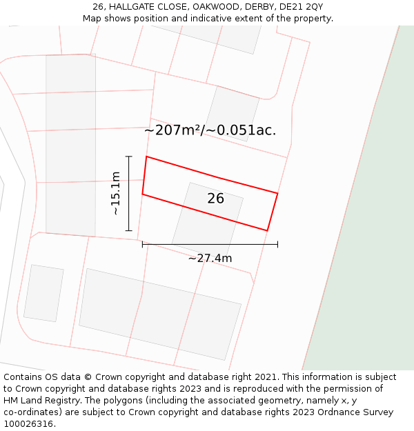 26, HALLGATE CLOSE, OAKWOOD, DERBY, DE21 2QY: Plot and title map
