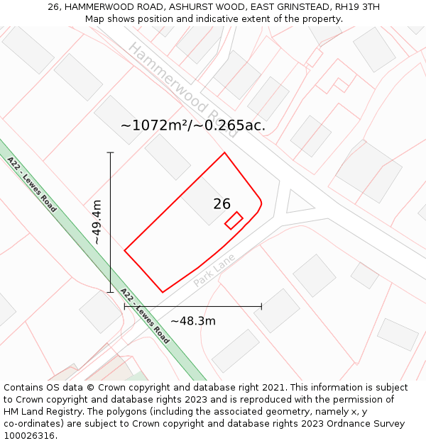 26, HAMMERWOOD ROAD, ASHURST WOOD, EAST GRINSTEAD, RH19 3TH: Plot and title map