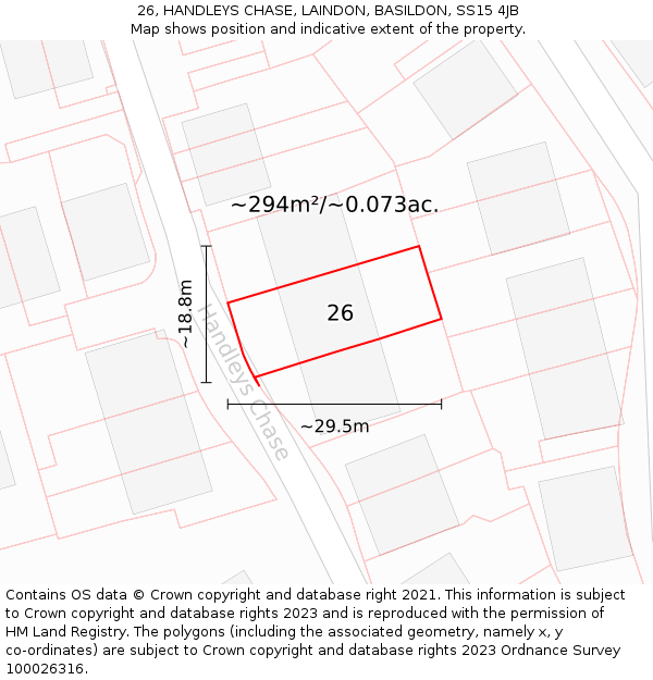 26, HANDLEYS CHASE, LAINDON, BASILDON, SS15 4JB: Plot and title map