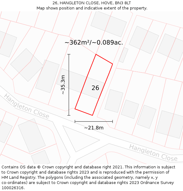 26, HANGLETON CLOSE, HOVE, BN3 8LT: Plot and title map