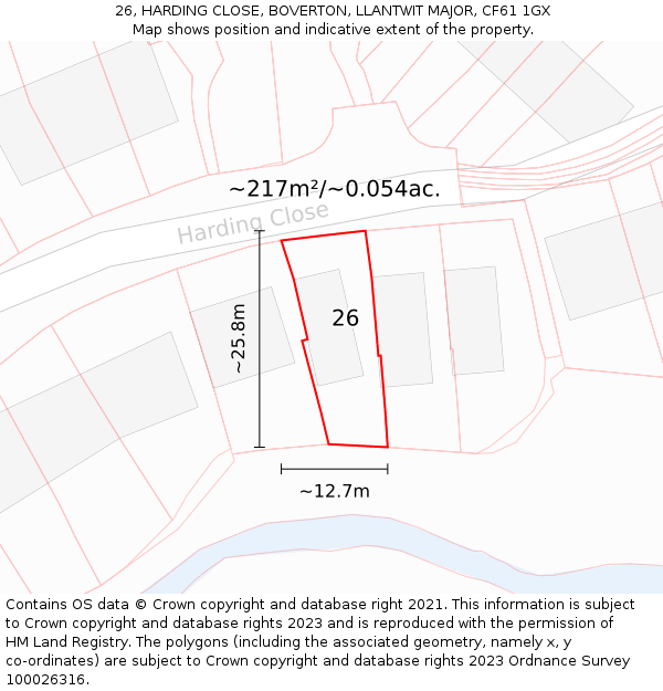 26, HARDING CLOSE, BOVERTON, LLANTWIT MAJOR, CF61 1GX: Plot and title map