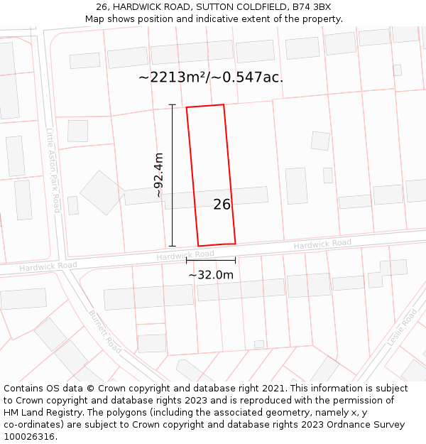 26, HARDWICK ROAD, SUTTON COLDFIELD, B74 3BX: Plot and title map
