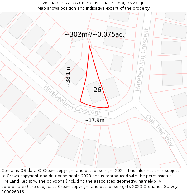 26, HAREBEATING CRESCENT, HAILSHAM, BN27 1JH: Plot and title map