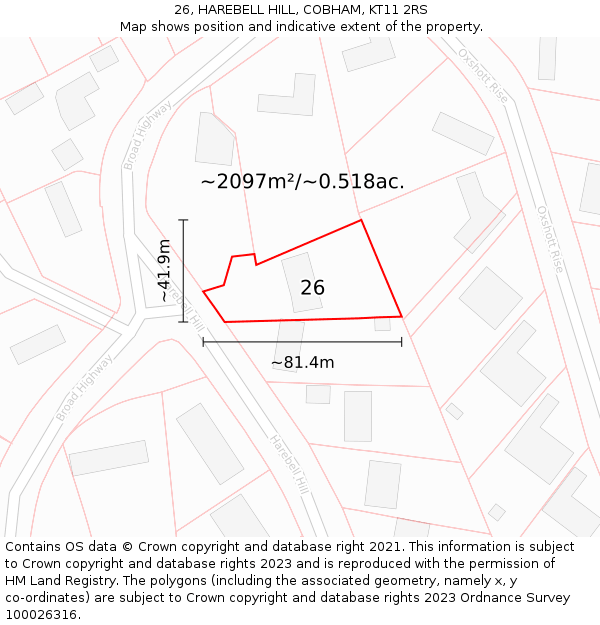 26, HAREBELL HILL, COBHAM, KT11 2RS: Plot and title map