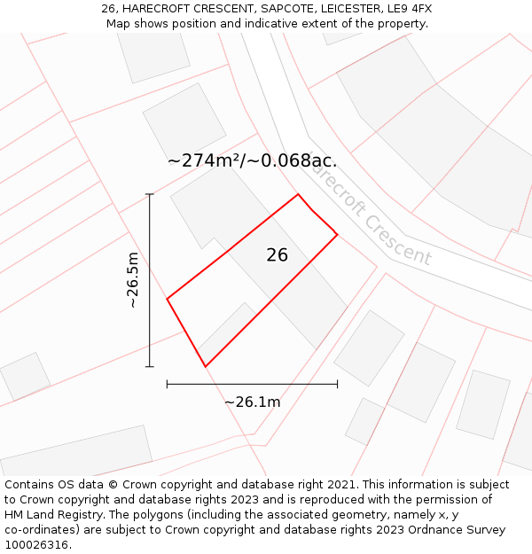 26, HARECROFT CRESCENT, SAPCOTE, LEICESTER, LE9 4FX: Plot and title map