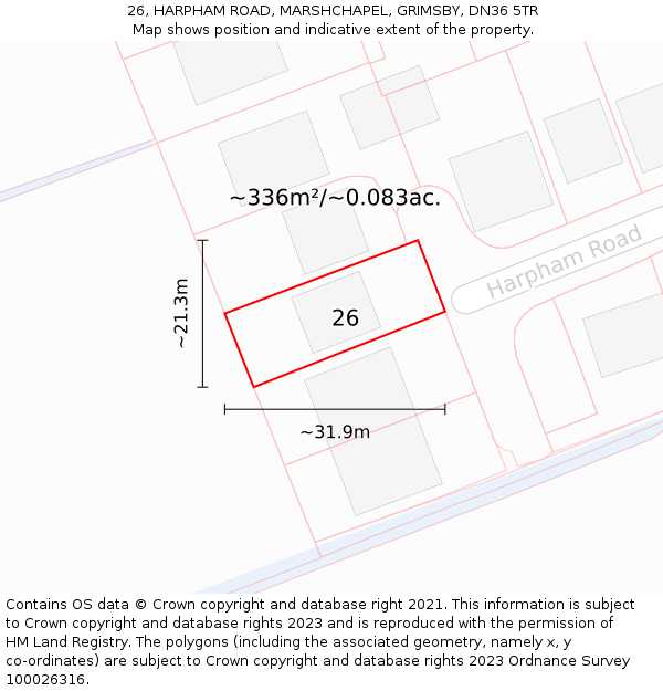 26, HARPHAM ROAD, MARSHCHAPEL, GRIMSBY, DN36 5TR: Plot and title map