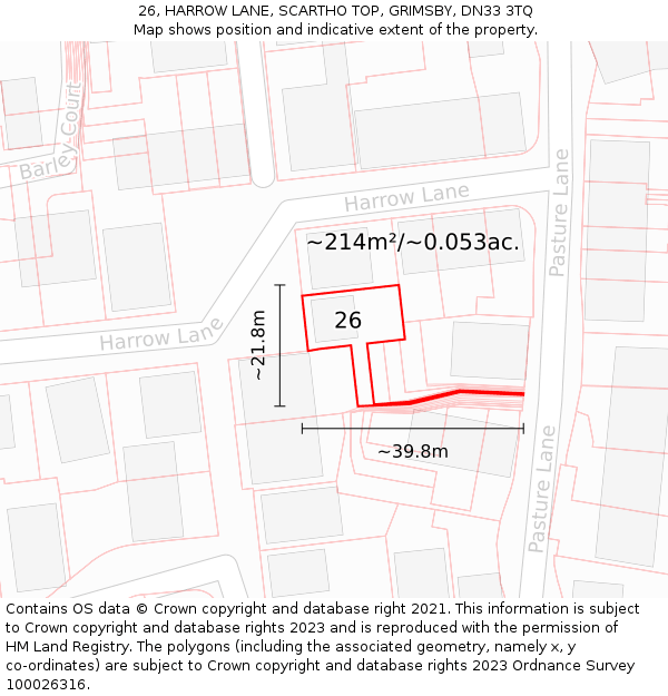 26, HARROW LANE, SCARTHO TOP, GRIMSBY, DN33 3TQ: Plot and title map