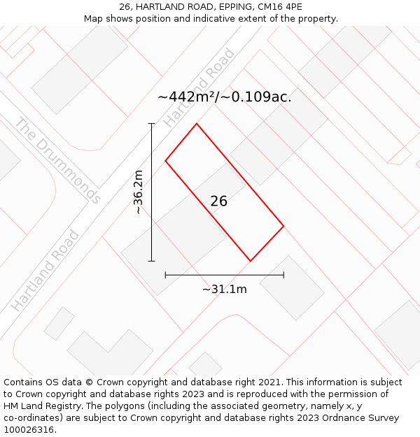 26, HARTLAND ROAD, EPPING, CM16 4PE: Plot and title map