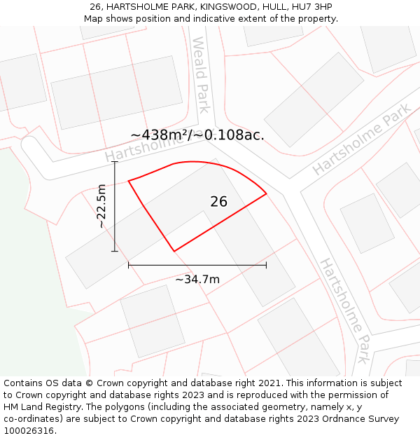 26, HARTSHOLME PARK, KINGSWOOD, HULL, HU7 3HP: Plot and title map