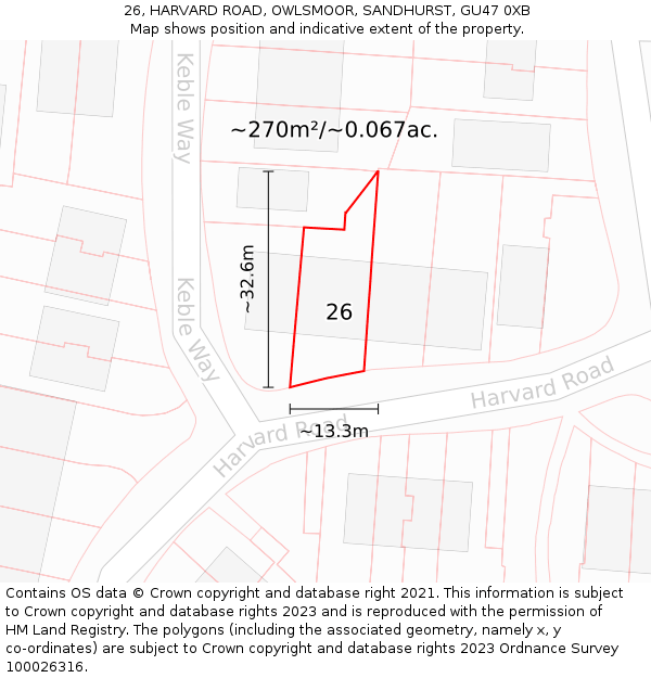 26, HARVARD ROAD, OWLSMOOR, SANDHURST, GU47 0XB: Plot and title map