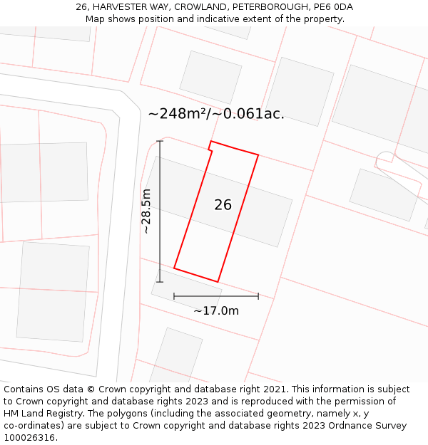 26, HARVESTER WAY, CROWLAND, PETERBOROUGH, PE6 0DA: Plot and title map