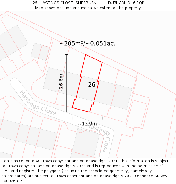 26, HASTINGS CLOSE, SHERBURN HILL, DURHAM, DH6 1QP: Plot and title map