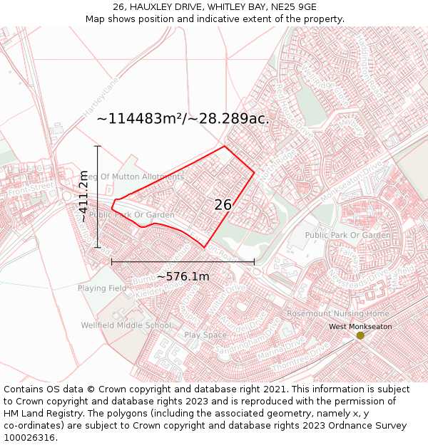 26, HAUXLEY DRIVE, WHITLEY BAY, NE25 9GE: Plot and title map