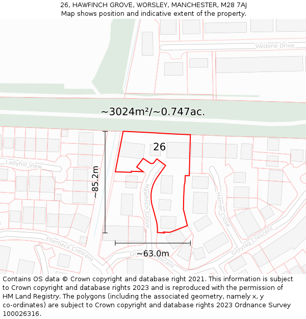 26, HAWFINCH GROVE, WORSLEY, MANCHESTER, M28 7AJ: Plot and title map