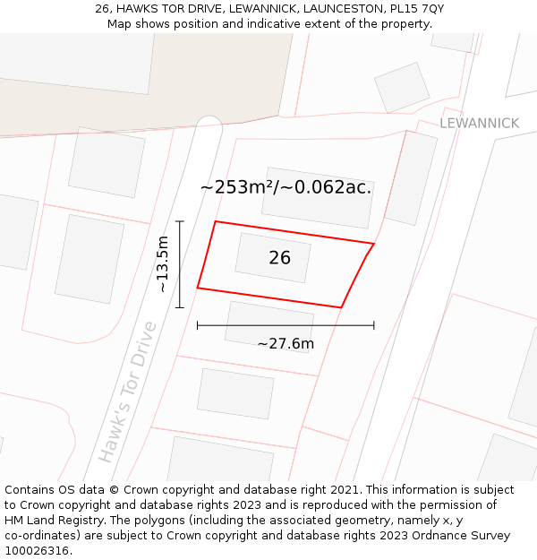 26, HAWKS TOR DRIVE, LEWANNICK, LAUNCESTON, PL15 7QY: Plot and title map