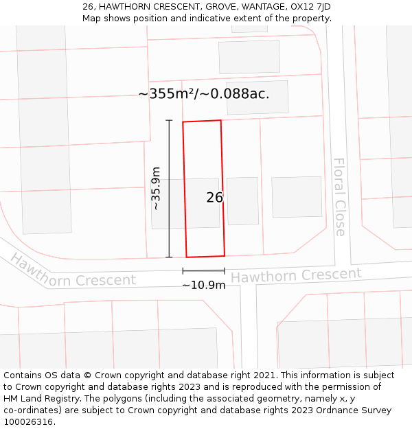 26, HAWTHORN CRESCENT, GROVE, WANTAGE, OX12 7JD: Plot and title map