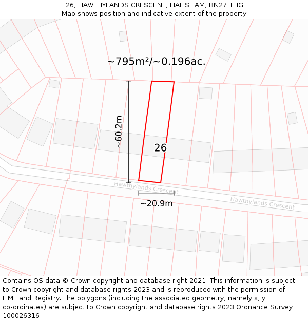 26, HAWTHYLANDS CRESCENT, HAILSHAM, BN27 1HG: Plot and title map