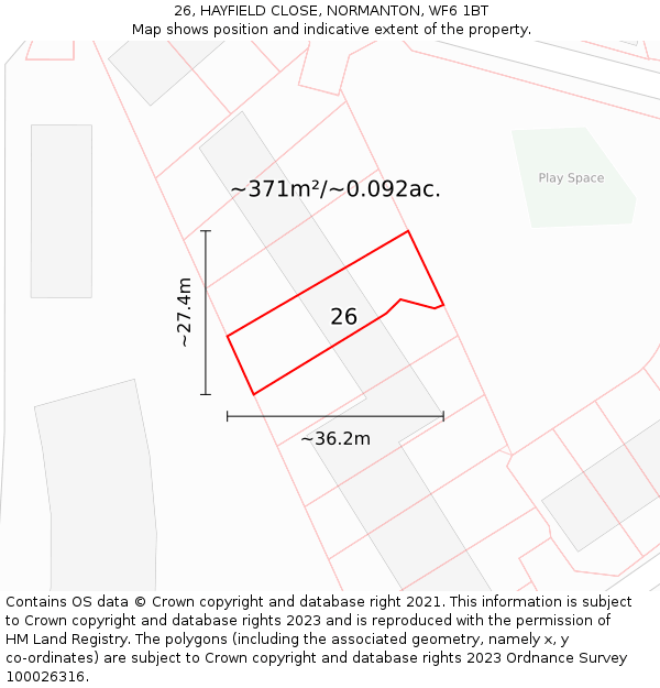 26, HAYFIELD CLOSE, NORMANTON, WF6 1BT: Plot and title map