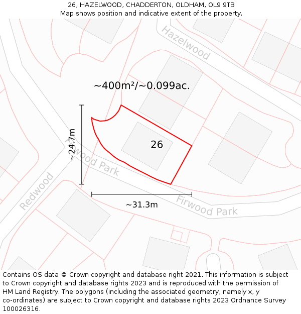 26, HAZELWOOD, CHADDERTON, OLDHAM, OL9 9TB: Plot and title map