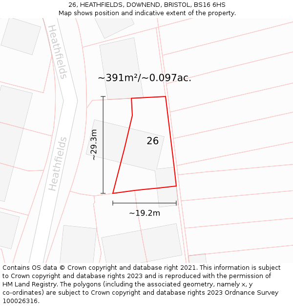 26, HEATHFIELDS, DOWNEND, BRISTOL, BS16 6HS: Plot and title map