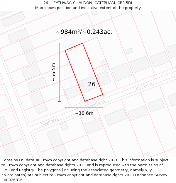 26, HEATHWAY, CHALDON, CATERHAM, CR3 5DL: Plot and title map